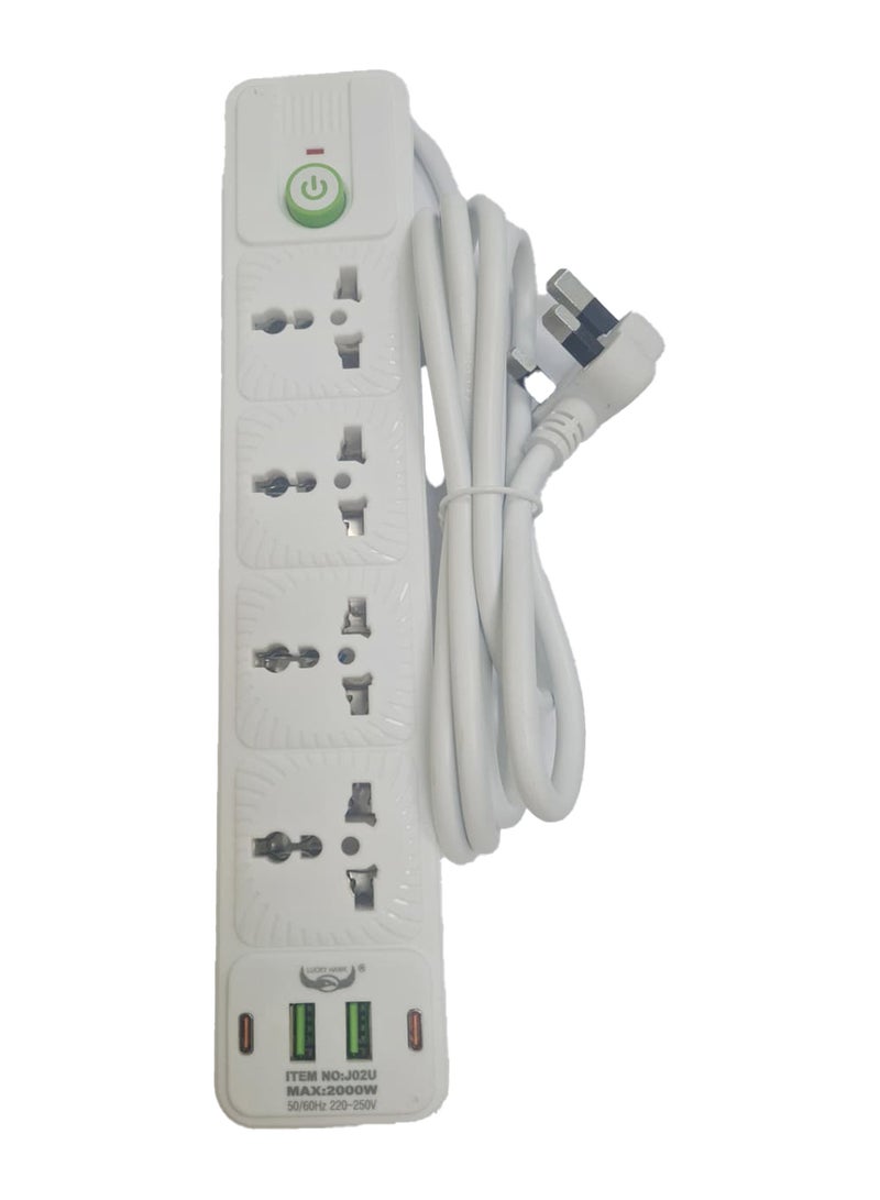 Lucky Hawk شريط تمديد الطاقة مع USB C و Micro USB، 4 منافذ 3 دبابيس، 2 منفذ PD Type-C و 2 منفذ Micro USB، 2500 واط، شريط طاقة مقاوم للاشتعال حتى 750°C مع مفتاح، سلك تمديد بطول 2 متر، محطة شحن حائطية بيضاء - Image 1